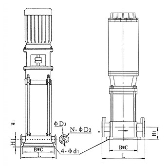 XBD-I立式多级消防泵安装尺寸及外形图示意图